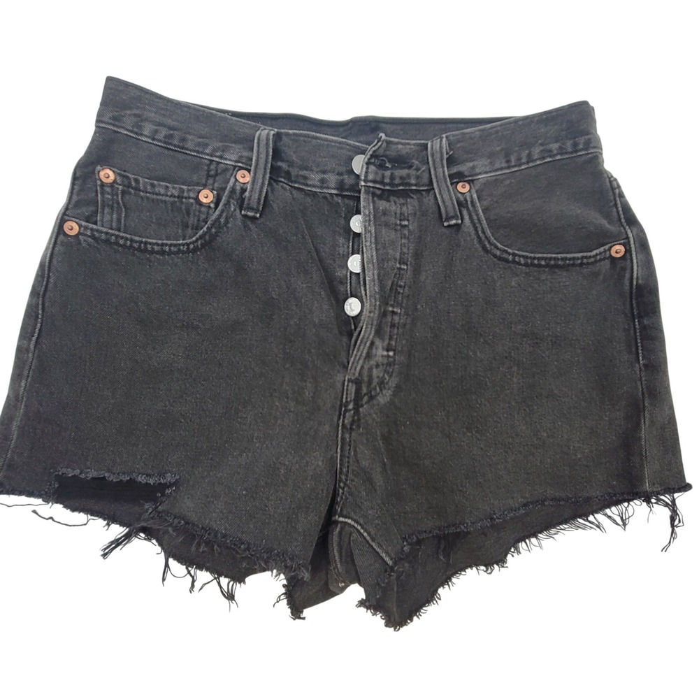 Levis 501 Original High Rise Cut Off Denim Shorts Washed Black Gray W28 Punk